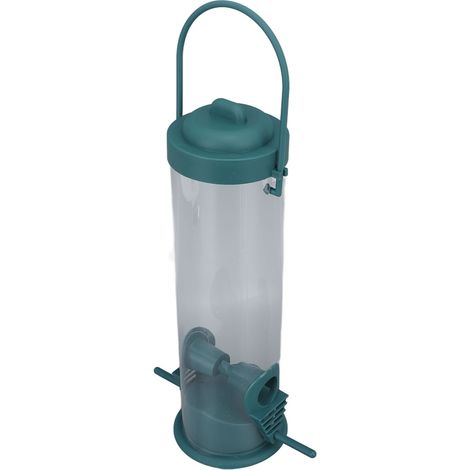 Mangeoire tubulaire suspendue à 2 ports, en plastique transparent, pour pinsons, idéale pour terrasse, jardin ou extérieur. (1/5)