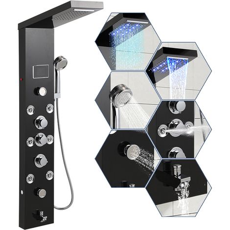 TolleTour Colonna doccia idromassaggio con LED nero, 6 getti, acciaio inox 304