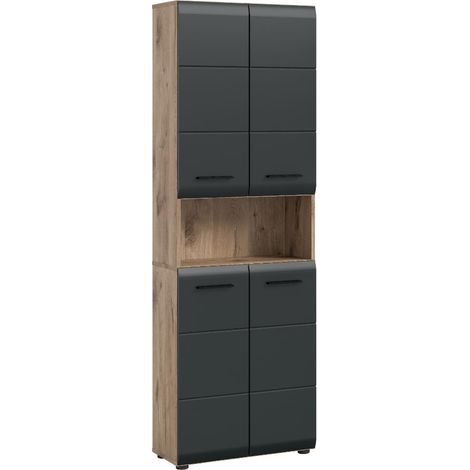 Ice Hochschrank Bad 4 Türen, 1 Regal Schwarz matt, Eiche Dekor.