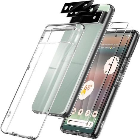 Coque Pour Google Pixel 6A Transparente + 2 Pack Verre Trempé Protection écran + 2 Pack Verre Trempé Caméra Arrière Protecteur (1/4)