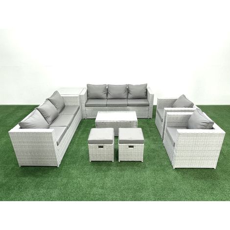 Fimous Salon de Jardin en rotin avec 2 Fauteuil Table basse oblongue 2 Petits tabourets Table d'appoint Gris clair mixte (1/4)
