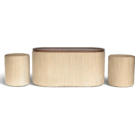 Set 3 Pouf Contenitore con Tavolino da Salotto Ovale in Velluto e Coperchio in Legno, 2 Pouf Interni Salvaspazio, Tavolino Contenitore Moderno, Seduta Imbottita Crema