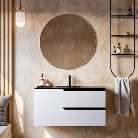 Mobile bagno sospeso bianco 80 100 con lavabo nero opaco - jaguar, misura 80 (1/5)
