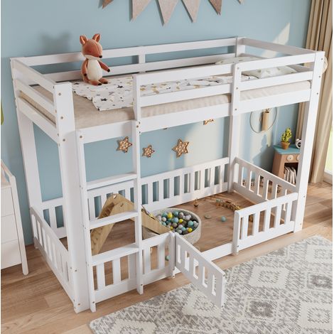 Cama elevada infantil 90x200 cm blanca de pino y LVL con escalera recta y barreras (1/5)