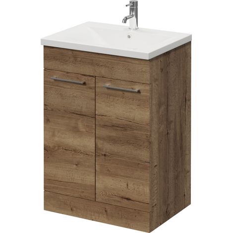 Napoli 460 Tobacco Oak 600mm 2 Door Vanity Unit with Glide Basin - 600mm - Chrome 160mm Handle