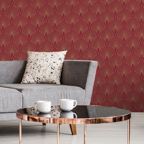 Papier peint vinyle Art Déco rouge – Motif métallisé – Lessivable et brossable – Raccord droit – Résistance à la lumière – Livingwalls (1/10)