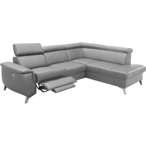 Canapé d'angle en cuir italien de luxe 5/6 places avec relax électrique et coffre, LINCOLN, gris clair, angle droit (1/4)