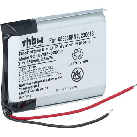 vhbw Battery Replacement for Anker 230518, 653035PN2 for Wireless Headset Headphones (720 mAh, 3.7 V, Li-polymer) (1/4)