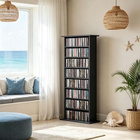 Meuble de rangement CD‑DVD – 8 compartiments et 6 étagères réglables – Capacité 360 CD /185 DVD‑Blu‑ray – Idéal pour rangement multimédia – 58×24×126,3 cm – Noir (1/5)
