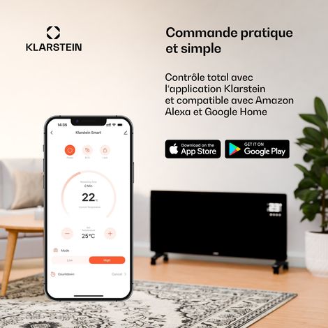 Klarstein Wonderwall Smart 800 W radiateur infrarouge mural, économe, WiFi & appli, Alexa, chaleur instantanée, LED, protection contre la surchauffe, pour pièces jusqu'à 15 m²