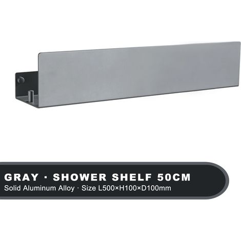 Étagère de douche blanche (50 cm, grise) avec crochet, en aluminium, pour salle de bain, WC, rangement d'angle pour baignoire, porte-shampoing et organisateur mural de cuisine. (1/5)