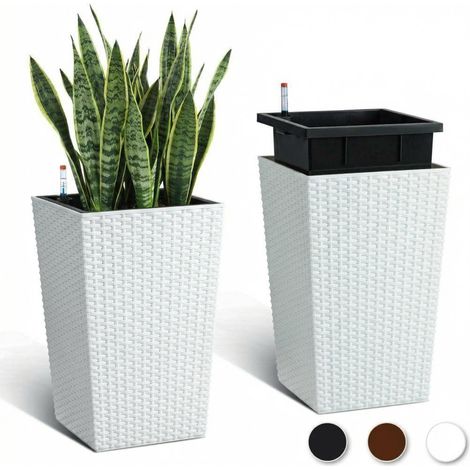 Lot de 2 Grands Pots de Fleurs en rotin – Réservoir d'eau intégré, indicateur de Niveau, soucoupes – Blanc (1/5)