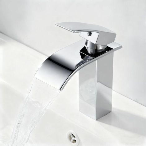Mitigeur Lavabo Cascade avec Bec Hauteur 10cm, Robinet Lavabo Salle de Bain Moderne, Mitigeur Monocommande Lavabo Eau Chaude et Froide Disponible (sans Bonde, sans Tirette de Vidage) Chromé