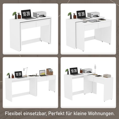Bureau escamotable 2-en-1 en bois massif de 1,8 cm, table extensible compacte avec roulettes, pliable et modulable, tiroir intégré. (1/4)