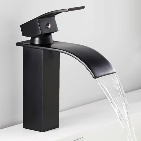 Robinet de Lavabo Cascade Chaud et Froid tout Cuivre Lavabo lavabo salle de bain Noyau de Valve en Céramique(noir) (1/5)
