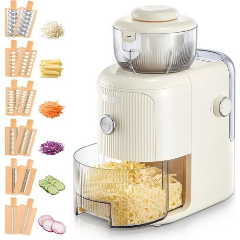 Electric Vegetable Grater 6 Blades, Cheese and Nut Device, Bowl 1.8L Safety: Engine locked without cover. Integrated blade storage Ideal for baking (1/5)