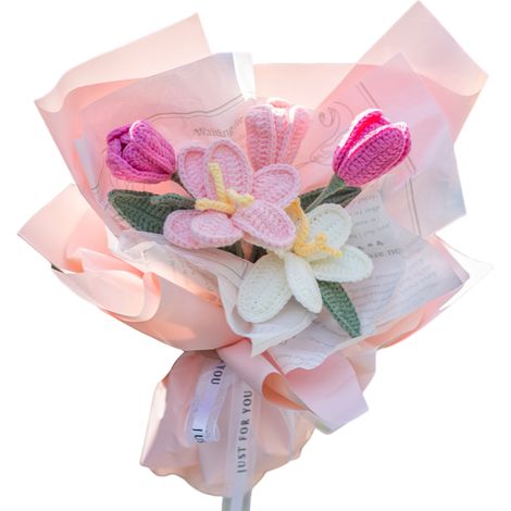 1 bouquet de fleurs artificielles au crochet, tulipes et marguerites, décoration intérieure durable, idéal pour diplôme ou mariage (1/5)