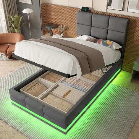 Bett mit Stauraum 90x200 Samt Dunkelgrau LED USB OKMYHOME (1/5)