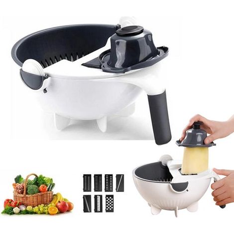 Mandolina da cucina 8 in 1 con 7 lame - Vassoio raccogligocce automatico, Colino rotante - Affettatrice per verdure - Grattugia per verdure - Tagliaverdure - Tagliaverdure a julienne - Pelapatate - Ce