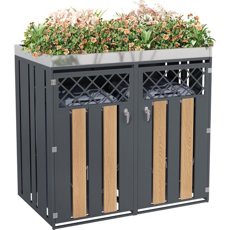 Abri poubelles double avec bac à plantes, portes verrouillables, aérations losange et structure en acier galvanisé gris et aspect bois, pour jardin - CHICFURN (1/5)