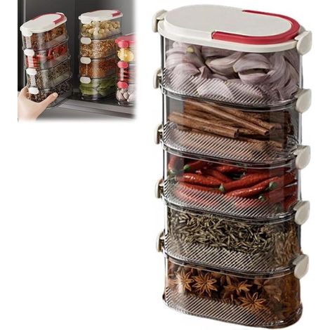 Organisateur d'épices empilable avec couvercle - Boîte de rangement alimentaire - Multicouche - Gain de place - Blanc (1/5)