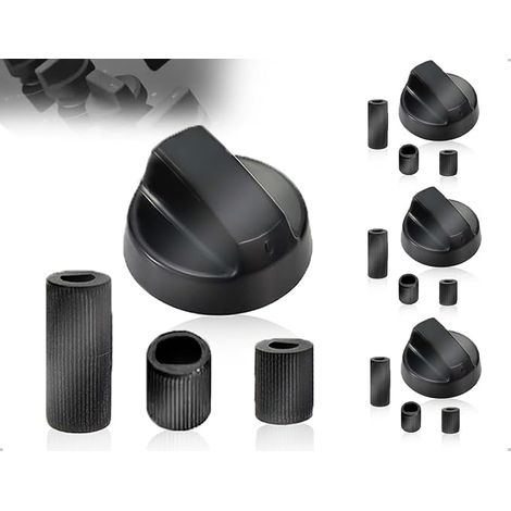 Set of 4 Universal Rotary Knobs, Cooker Switches, with 3 Universal Adapters, for Stoves, Hobs, Ovens, Gas Stoves, Ovens (Black) (1/5)