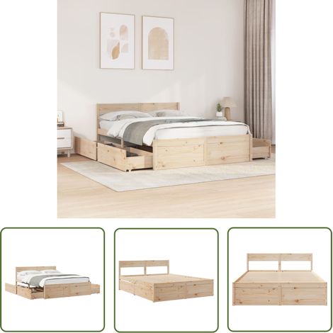The Living Store Cadre de lit sans matelas 140x200 cm bois massif de pin - Cadre De Lit - Lit Double - Meuble De Chambre - Lit Design - Lit Avec Tiroirs (1/5)
