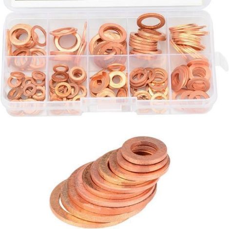 200 Pcs Rondelles en Cuivre Assortiment Kit, Rondelles Metal pour Gonds de Porte, Joint Rondelle Plate, Bagues D'étanchéité, (1/4)