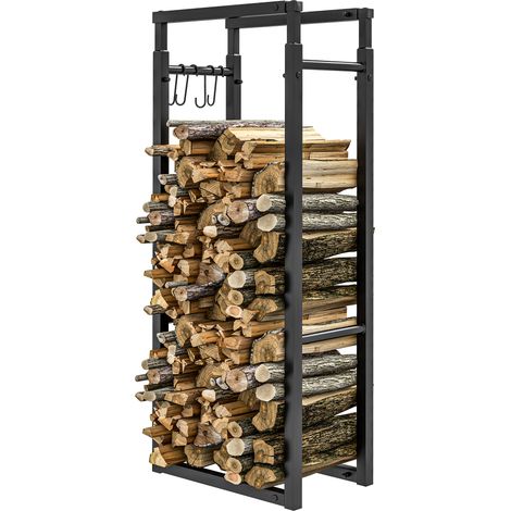 Étagère à bûches extensible avec 4 crochets pour une utilisation intérieure et extérieure, dimensions : 40-65 x 25 x 100-150 cm, capacité de charge : 100 kg, noire (1/5)
