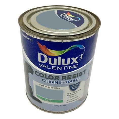 Dulux Valentine – Peinture acrylique Color Resist anti humidité 0,75 L – Résistante aux taches, rayures et chocs – Pour cuisine et bain – Bleu gris (1/2)