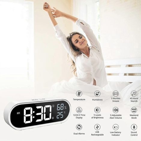 Réveil numérique miroir, horloge numérique LED, grand affichage de l'heure, de la température et de l'humidité, 40 sonneries, chargement USB, réveil blanc PXCL (1/3)