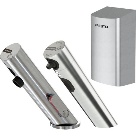 Grifo mezclador infrarrojo con llave de paso + infrarrojo Dispensador de jabón + secador de manos PRESTO Linea Acero inoxidable cepillado (1/4)