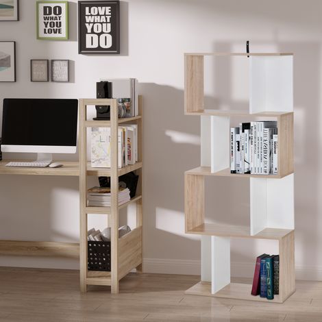 4-stöckiges Bücherregal, S-förmiges Aufbewahrungsmöbel mit Ablagen, Ablage für Wohnzimmer, Schlafzimmer, Büro, 60 x 24 x 148 cm, Naturholz und Weiß