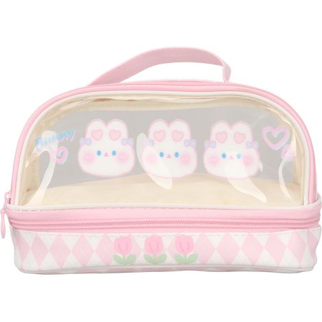 Trousse Lapin Mignonne avec Motif Lapin, Double Couche Imperméable Transparente, Rose, Pochette Crayon Kawaii avec Poignée pour Enfants (1/5)