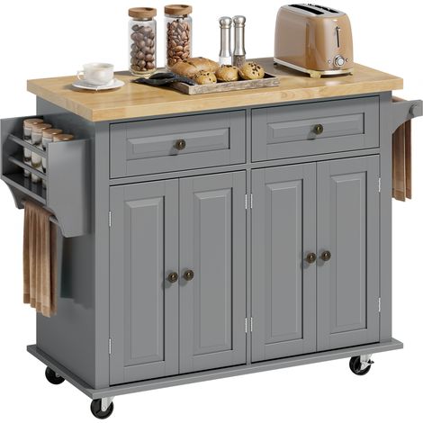 HOMCOM Rolling Kitchen Island Cart with Rubber Wood Top, Spice Rack, Grey (1/5)