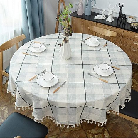 Nappe ronde à carreaux avec pompons, 200 cm, mélange coton-lin, facile d'entretien