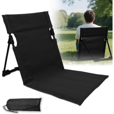 Chaise de sol pliante avec dossier - 1 unité - Tissu robuste noir - Siège portable stable - Plage camping pique-nique - 38 x 39,5 cm (1/5)
