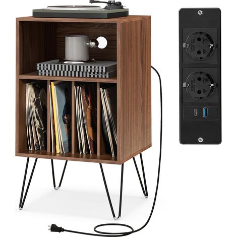 COSTWAY Supporto per Giradischi, Porta Vinili con 5 Scomparti di Archiviazione, Presa di Corrente e Porta USB e TYPEC, per Soggiorno, Camera da Letto e Ufficio, 48 x 40 x 88 cm (Noce) (1/5)