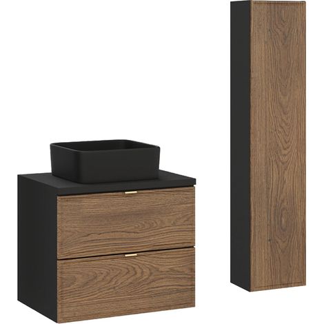 Conjunto mueble lavabo individual 60cm y columna Elena Madera y negro