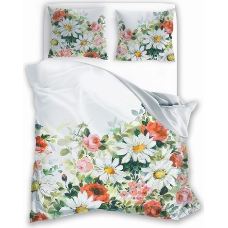 Linge de lit en satin 140x200 cm, imprimé numériquement, motif fleurs nobles multicolores, prairie fleurie (1/5)