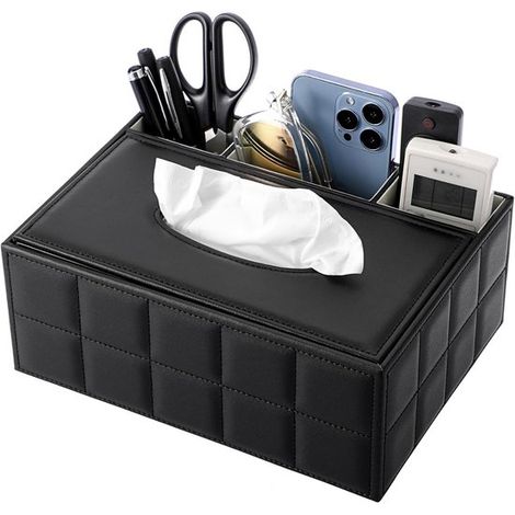 Allecta - Caja rectangular para pañuelos con soporte para mando a distancia - Negra - Organizador de oficina. (1/5)