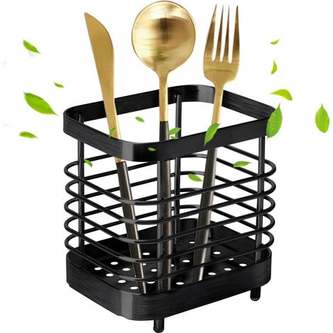 CSPARKV 1 pcs Stainless Steel Cutlery Drainer, Metal Cutlery Holder, Kitchen Utensil Holder for Storing Knives, Forks, Spoons and Chopsticks in the Kitchen, Matte Black (1/5)
