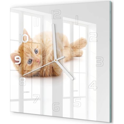 Horloge Murale Carrée Verre Trempé Design Épuré Silencieuse pour Intérieur Chat roux 30x30 cm (1/5)