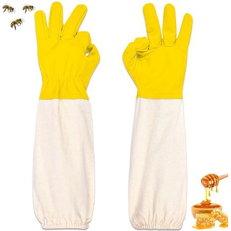 Gants d'apiculteur en cuir de chèvre, manches longues en toile ventilée, protection contre les piqûres, pour jardinage et apiculture, taille XL, jaune (1/5)