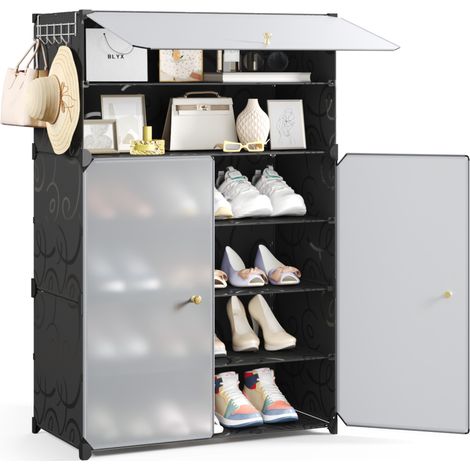 Meuble à Chaussures 6 Niveaux pour 18 Paires de Chaussures, Étagère à Chaussures en polypropylène (PP) avec Portes et Rangement Amovible pour Entrée/Salon, 60L x 30P x 93H cm, Noir, Mondeer (1/5)