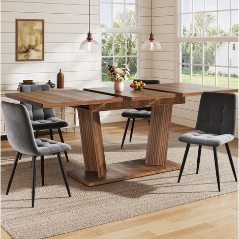 Table à manger 120-160/80/76 cm brun foncé, extensible et structure stable (1/5)
