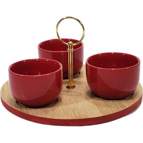 TRADE SHOP - Antipastiera A 3 Coppette Rossa In Ceramica Con Vassoio Base Rotonda In Bambù Centrotavola - (1/5)