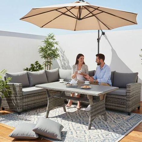 BIRCHTREE Patio Rattan Furniture Set 5 Seater L-Shaped Corner Sofa Dining Table Set Grey