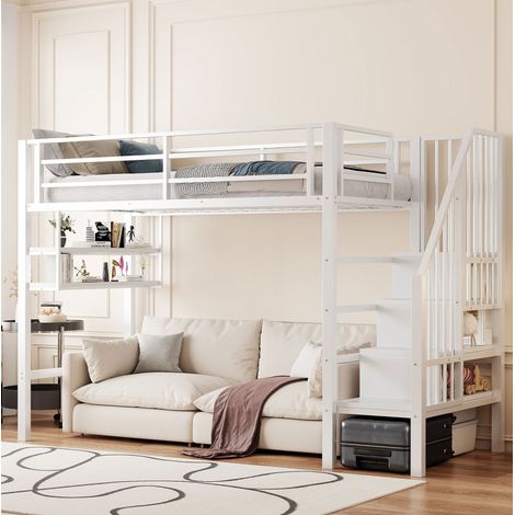 Lit simple 90x200 avec rangements, métal blanc HAVRYA (1/5)