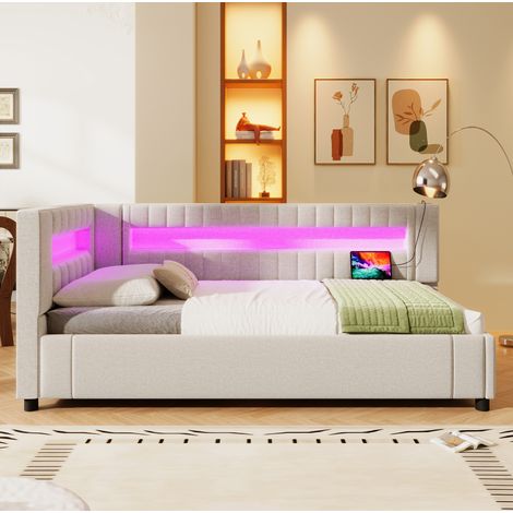 (=WX001039AAA) Daybett, Tagesbett, Schlafsofa, 90200cm , LED-Lichtleiste am Ende des Bettes, hydraulische Lagerung, ohne Matratze, USB + TYPE-C, Leinen, beige (1/5)